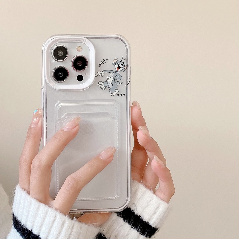 IPHONE Casing Transparan Desain Lengan Kartu 3in1 Untuk Iphone14 13 12 11 Pro Max Kartun Kucing Dan Tikus X XR XS Max7 8 Plus