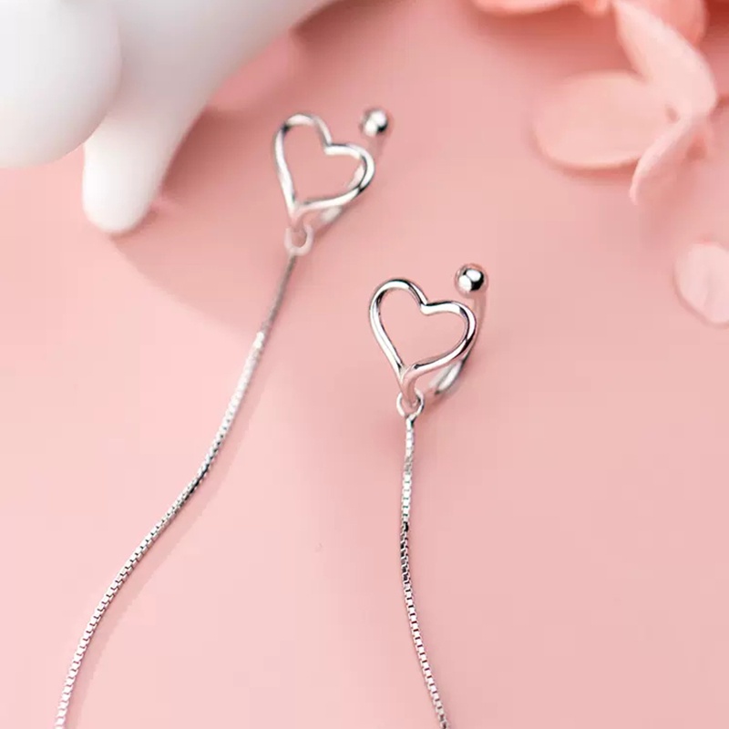 Anting Klip Telinga Hati Sederhana Rantai Warna Perak Menjuntai Earrings Woman Lady Fashion Pesta Perhiasan Hadiah