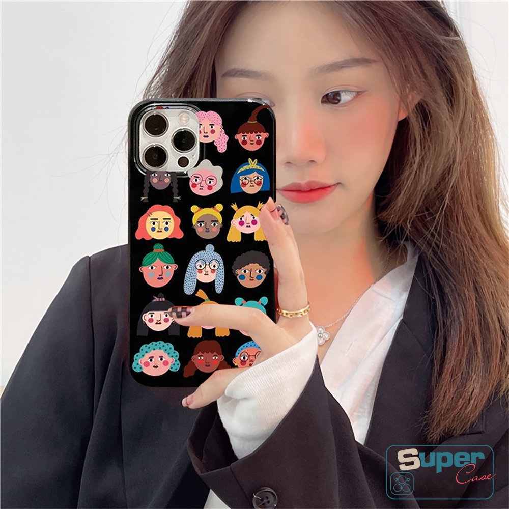 Ins Fashion Creative Case Kompatibel Untuk IPhone 7Plus 8Plus XR 14 11 13 12 Pro Max 7 8 14 Plus X XS Max SE 2020 Kartun Avatar Lucu Glossy Halus Lembut TPU Hitam Cover