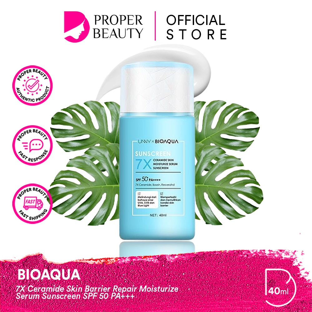 BIOAQUA 7X Ceramide Skin Barrier Repair Moisturize Serum Sunscreen SPF 50 PA++++ Indonesia / Sunblock Wajah 40ml / Basein Resveratrol / Melindungi Sinar UVA UVB Blue Light / Skincare Face Care Bio Aqua Series / Cleanser Toner Serum Lotion Cream Body Wash