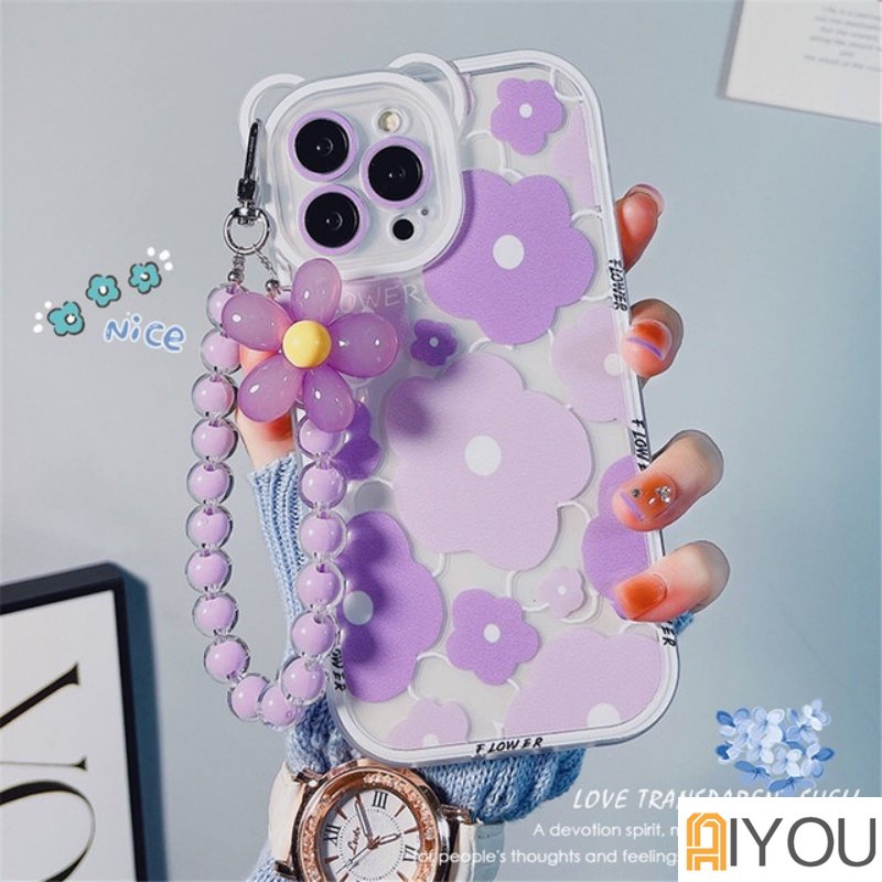 Lucu 3D Telinga Beruang Bunga Gantung Telepon Rantai Bening Soft Case Untuk iphone 14 Pro Max13 12 11 XR XS X7 8 plus SE MiNi Mewah Cover