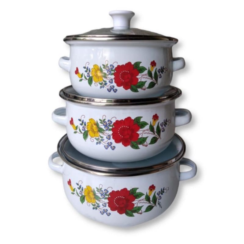 Panci Set Enamel 3 Pcs Motif Bunga Tutup Kaca Sangat Tebal