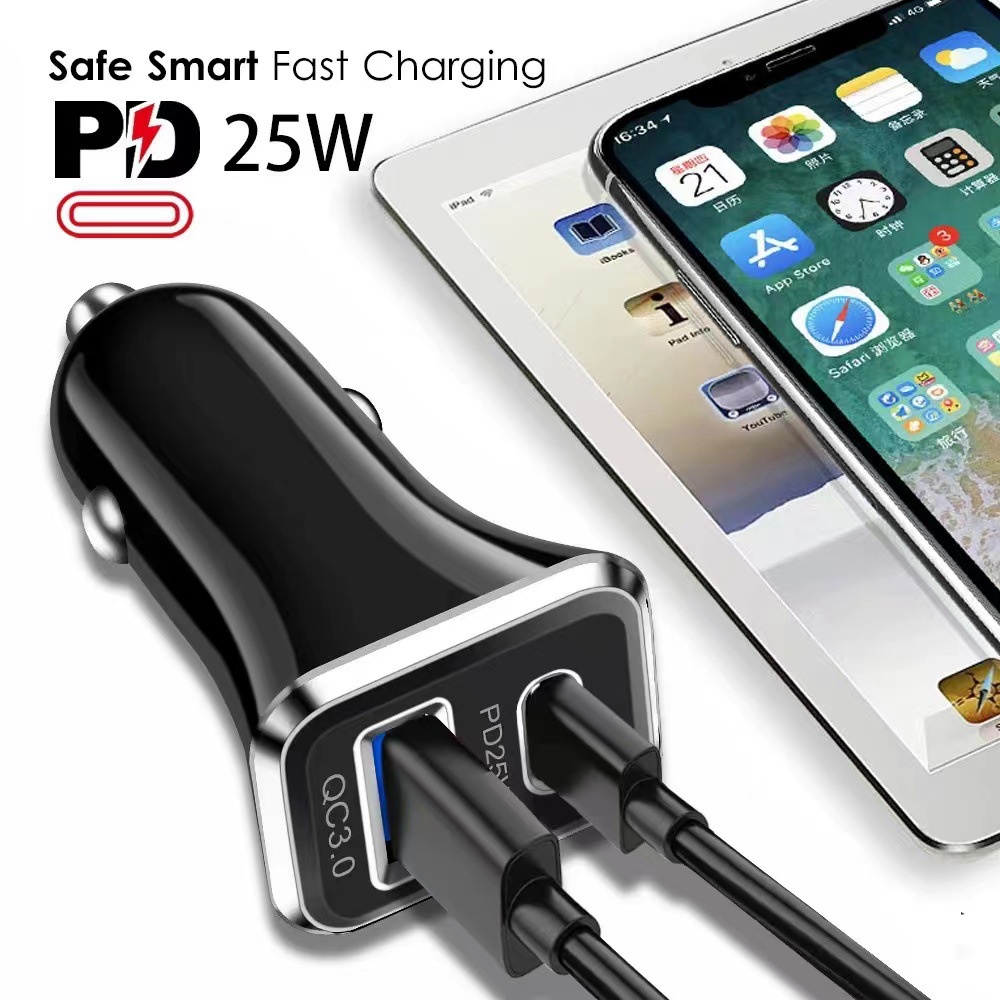 2.4a PD 12W Handphone Fast Charging Car Charger Tipe-C Adaptor Mobil PD+USB Travel Charger Mobil Untuk i-Phone Android