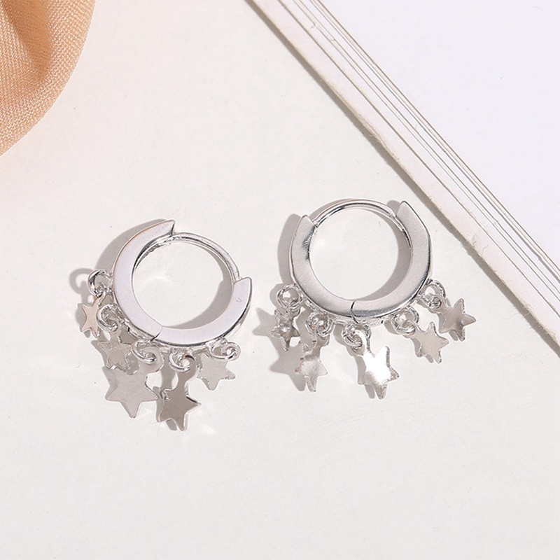 Versi Gotik Anting Hoop Bintang Kecil Lucu Warna Silver Rumbai Gaya Geometris Earring