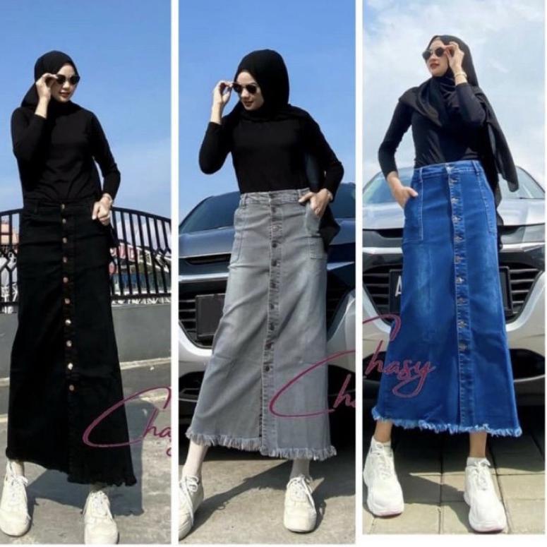 >XG34448< Rok Jeans Panjang Aplikasi Kancing / Rok jeans Gisca / Rok Jeans Panjang wanita