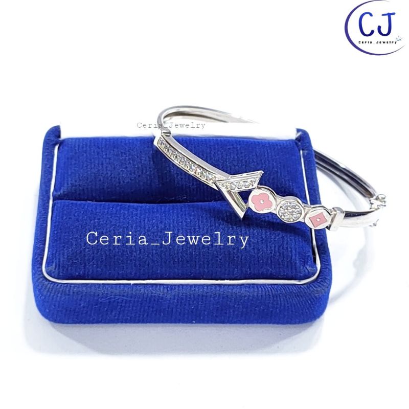 Gelang Perak Asli Silver 925 Lapis Emas Putih Model Bangle Variasi Bunga Pink - Perhiasan Perak Asli