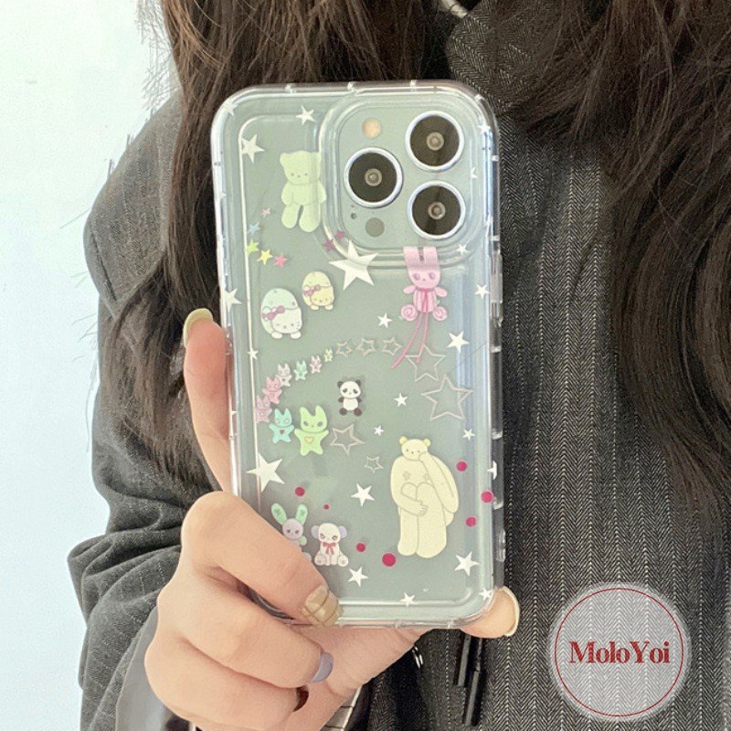 IPHONE Ins Lucu Kartun Indah Bintang Beruang Graffiti Case Kompatibel Untuk Iphone11 13 12 14 Pro MAX 7Plus 8Plus XR X XS MAX 6 6S Plus Airbag Shockproof Lembut Silicon TPU Penutup Belakang