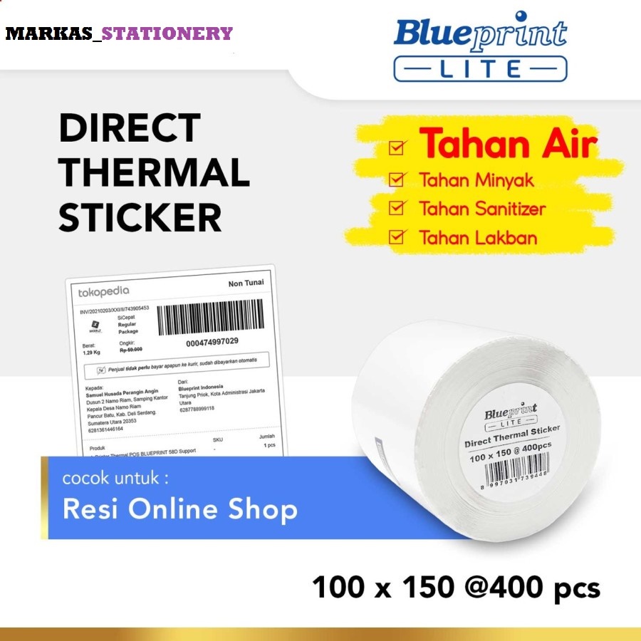 

Kertas Thermal Stiker 100x150 BLUEPRINT Lite Label 100 x 150 mm 400Pcs
