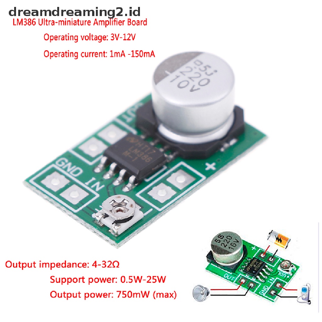 (dream) Dc 3V~12V 5V 6V LM386 Modul Ampli Papan power audio Mikro mini 750mW.