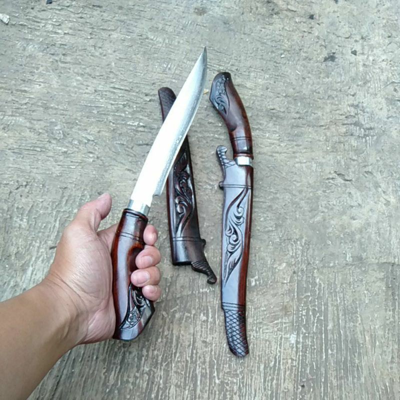 Pisau badik original / Pisau dapur super tajam / Pisau Dapur Baja 20cm Kayu Rasamala Ukir Ready