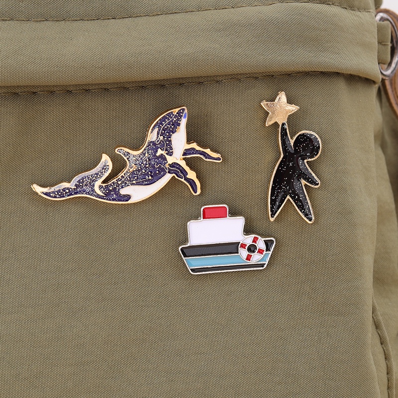 Perahu Paus Enamel Pin Bintang Hewan Lencana Logam Bros Wanita Anak Hadiah Perhiasan Lapel Topi Sweater Aksesoris Grosir