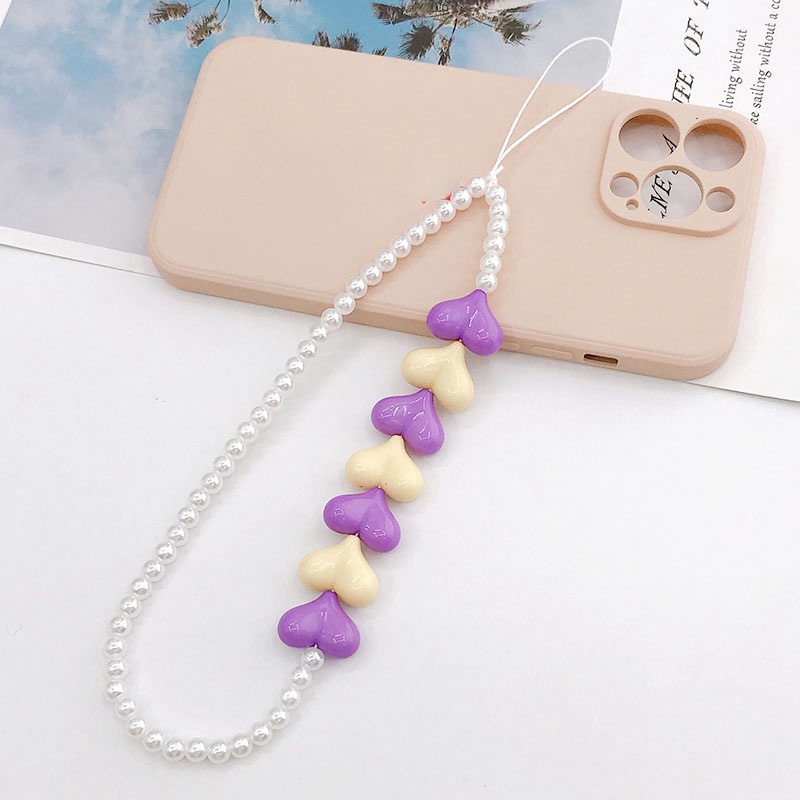 Ins Warna Campur Rantai Manik-Manik Mutiara Cinta Hati Akrilik Untuk iPhone Android OPPO VIVO Huawei Xiaomi Redmi Samsung Semua Ponsel Earphone Cases Liontin Tali