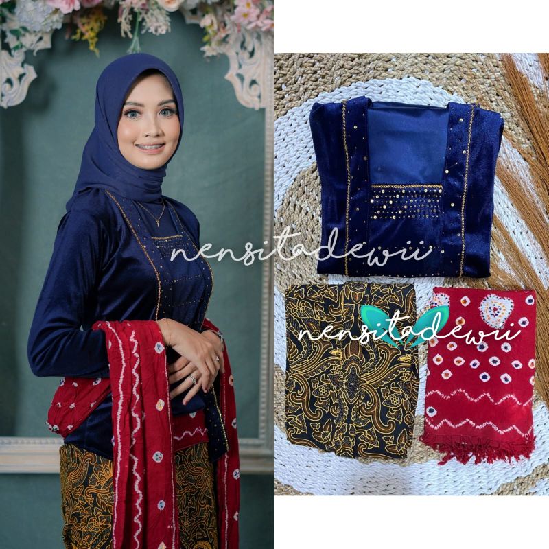 [1 Set] Kebaya Payet, Jarik Instan + Selendang Jumputan / DN03C, Model Ajeng ~ Nuansa Navy