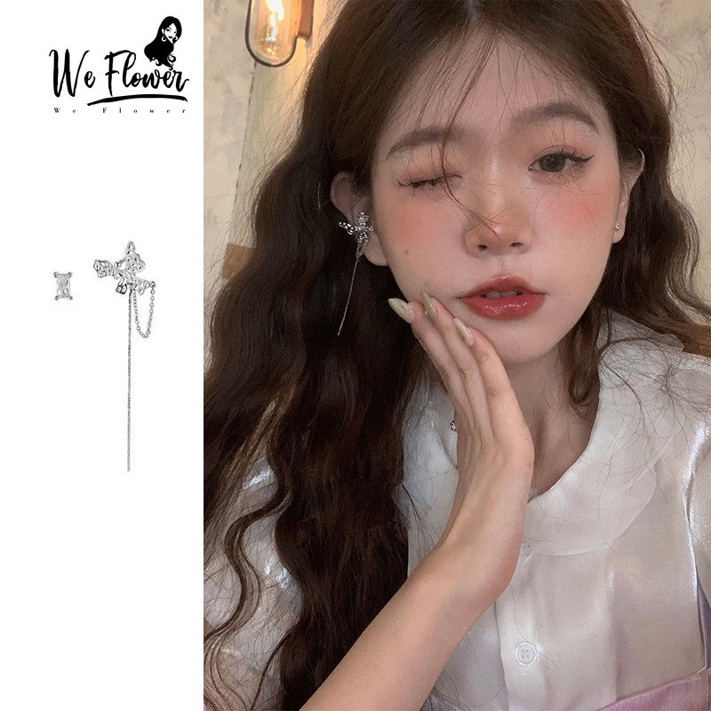 Kami Bunga Ins Trendi s925 Perak Rumbai Rantai Kupu-Kupu Klip Anting-Anting Untuk Wanita Perempuan Elegan Berlian Imitasi Kecil Studs Statement Cuff Earrings Perhiasan Hadiah