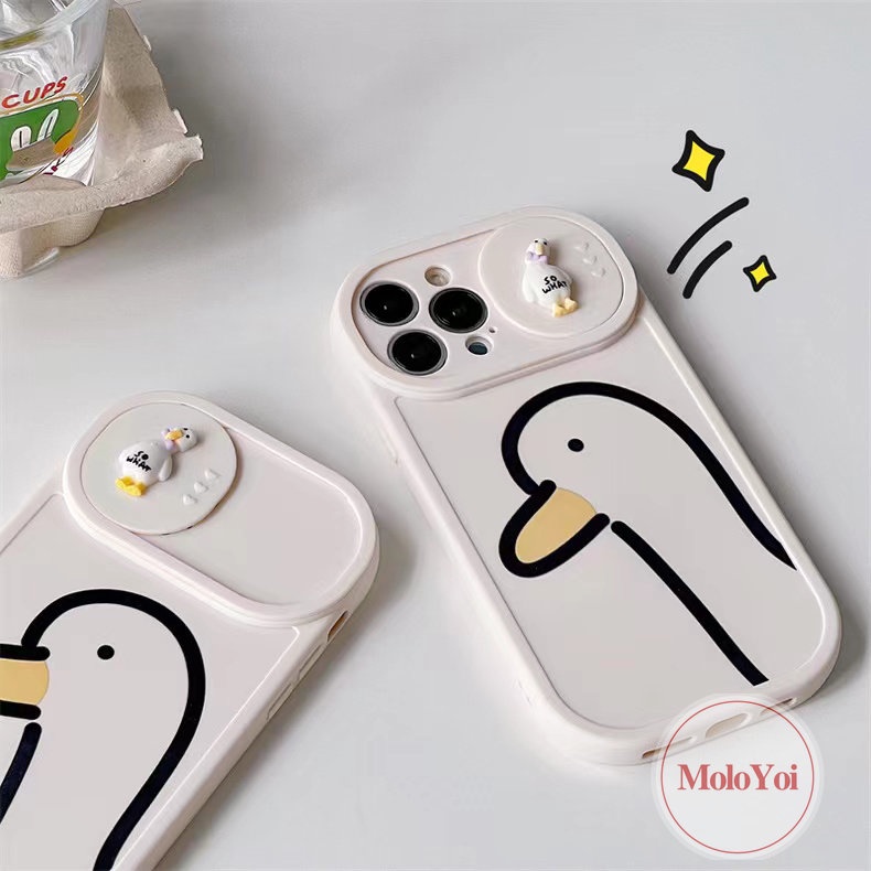 IPHONE Case Pelindung Kamera Kompatibel Untuk Iphone11 12 13 Pro MAX XR 78 Plus X XS MAX 7Plus 8Plus 3D Kartun Bebek Lucu Geser Dorong Tarik Creamy Simple Lembut TPU Cover