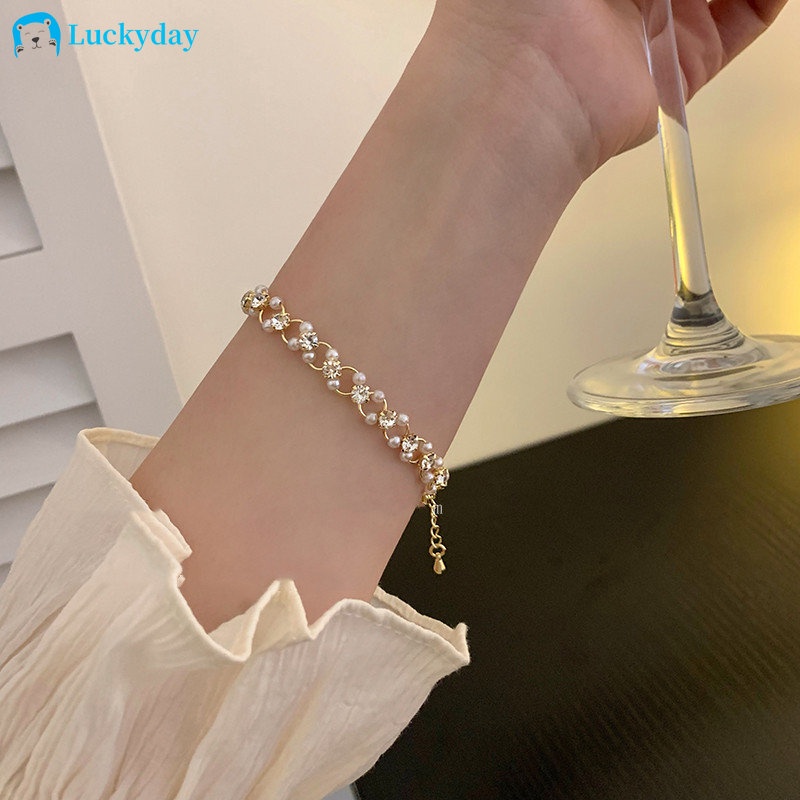 YEEZII Gelang Emas Simple Mutiara Zircon Beads Bangles Untuk Aksesoris Perhiasan Wanita