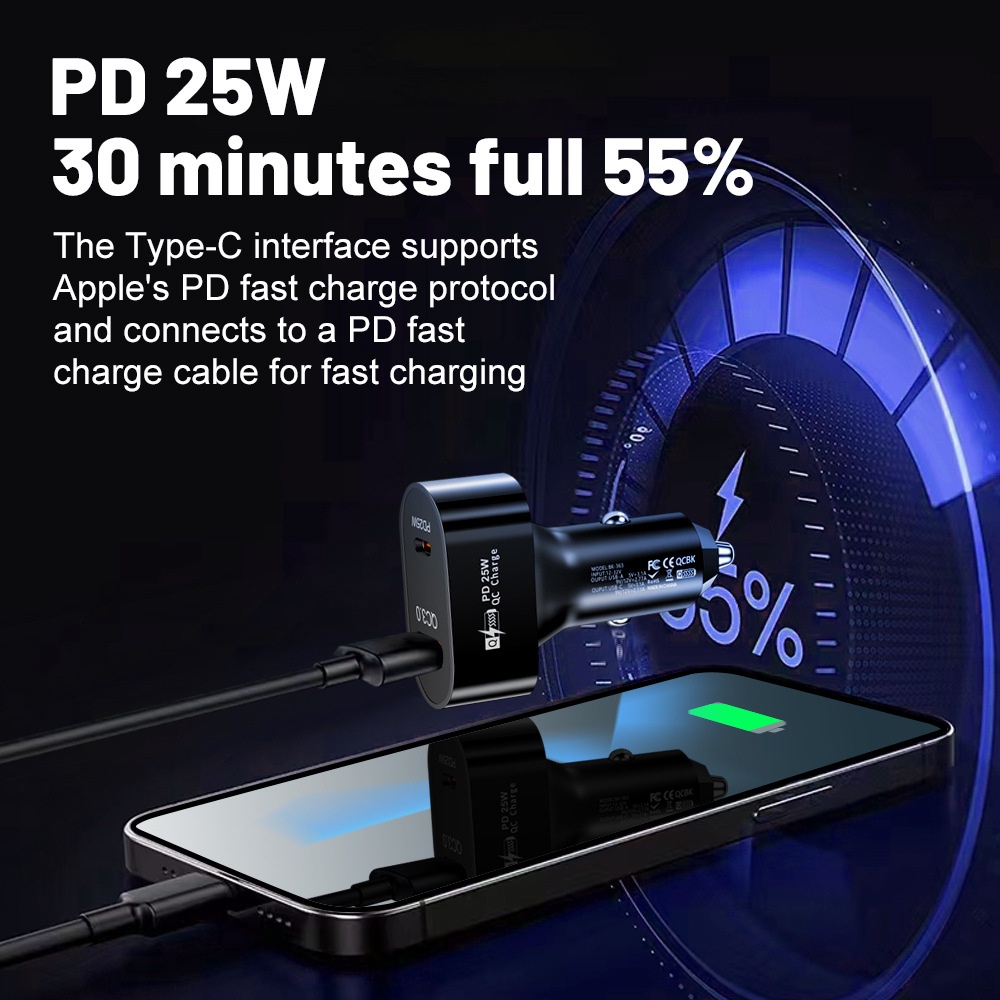 25w PD Charger Mobil USB Type C Fast Charging Car Phone Adapter Di Mobil Untuk i-Phone14 13 Android QC3.0+PD Dual-Line Quick Charger