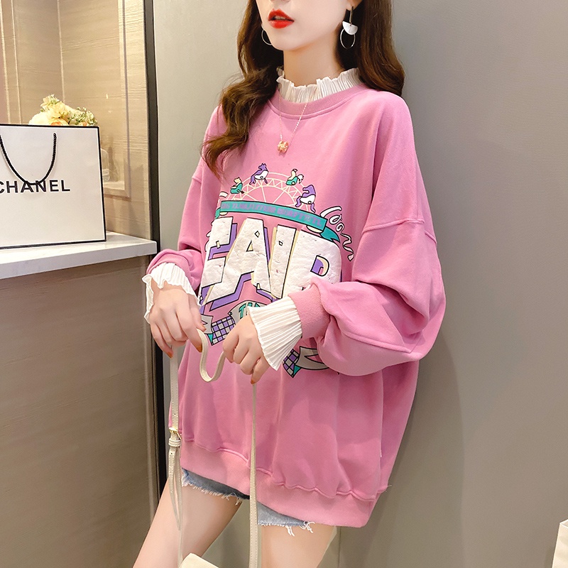yikoo-Plus size sweater jaring tambal sulam sweatshirts korea wanita