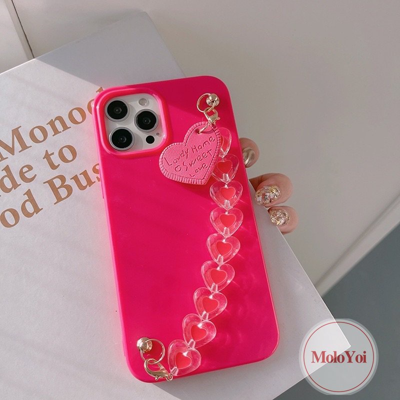 IPHONE Luxury Glossy Rose Red Smooth Case Kompatibel Untuk Iphone14 11 13 12 Pro Max 7Plus X7 8 Plus XR XS Max SE 2020 Simple Warna Solid Soft Tpu Cover Dengan Gelang Love Heart