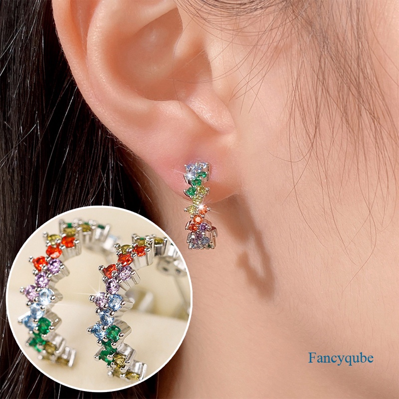Fancy Rainbow Color Hoop Earrings Untuk Wanita Warna Perak Mempesona Cubic Zirconia Sederhana Bergaya Perempuan Anting Hadiah Fashion Perhiasan