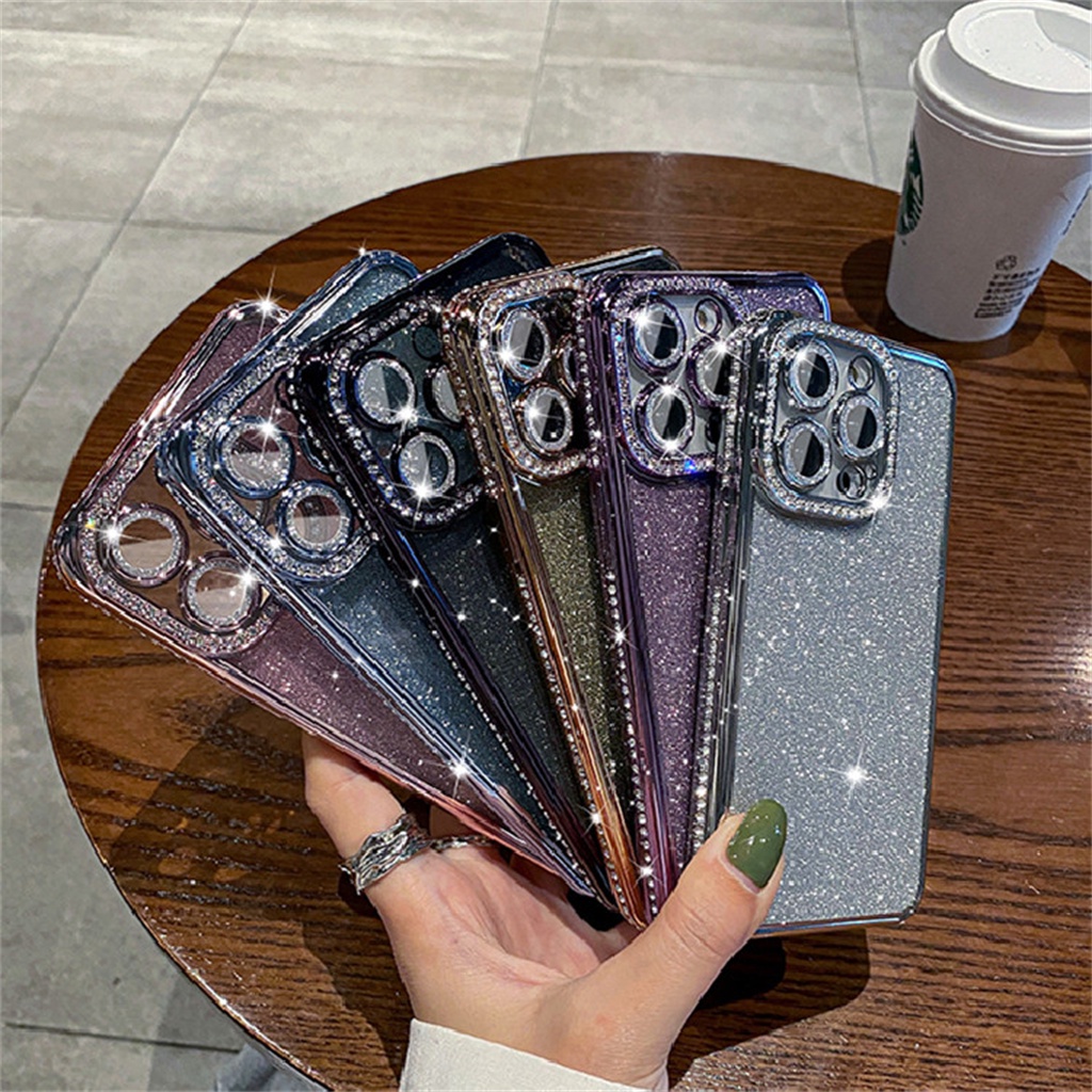 Casing Lensa Perlindungan Kamera Berlian Mewah iPhone 14 Pro Max Case13 12 Pro Max Iphone14 Plus Kedip Berlapis Tertutup Penuh Tahan Guncangan Soft Case