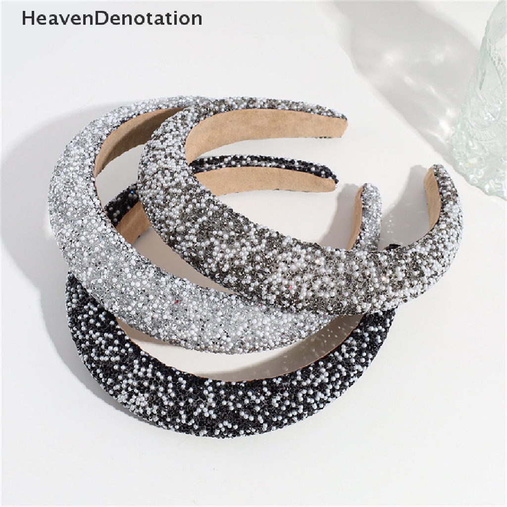 [HeavenDenotation] Bando Spons Mutiara Berlian Penuh Untuk Wanita Gadis Tren Kasual Sederhana Rambut Band Temperamen Fashion Aksesoris Rambut Elegan HDV