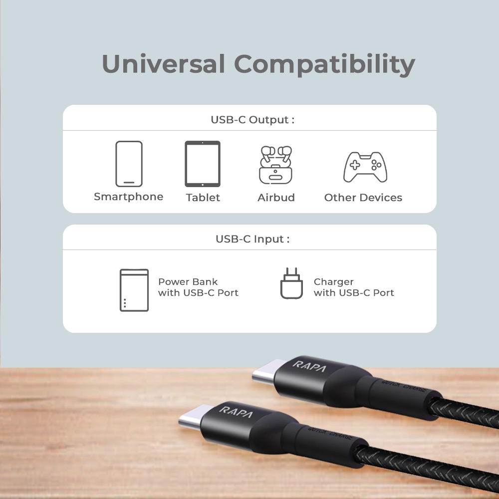 RAPAtech ORIGINAL CABLE USB TYPE C TO TYPE C PD 60W SUPER FAST CHARGING CABLE LINE l[DC1013]