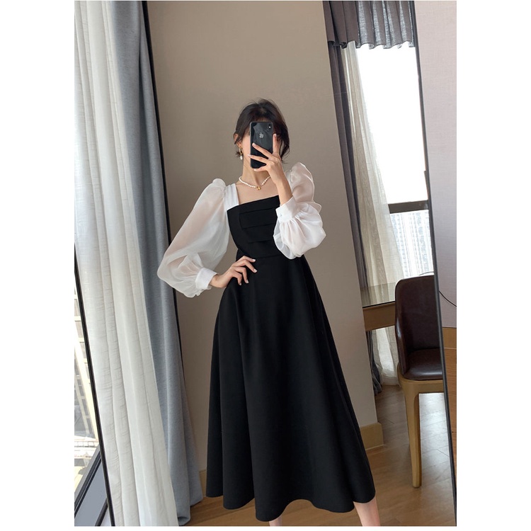 Korea style a-line hitam dress minimalis fashion dress Lengan Panjang Dress