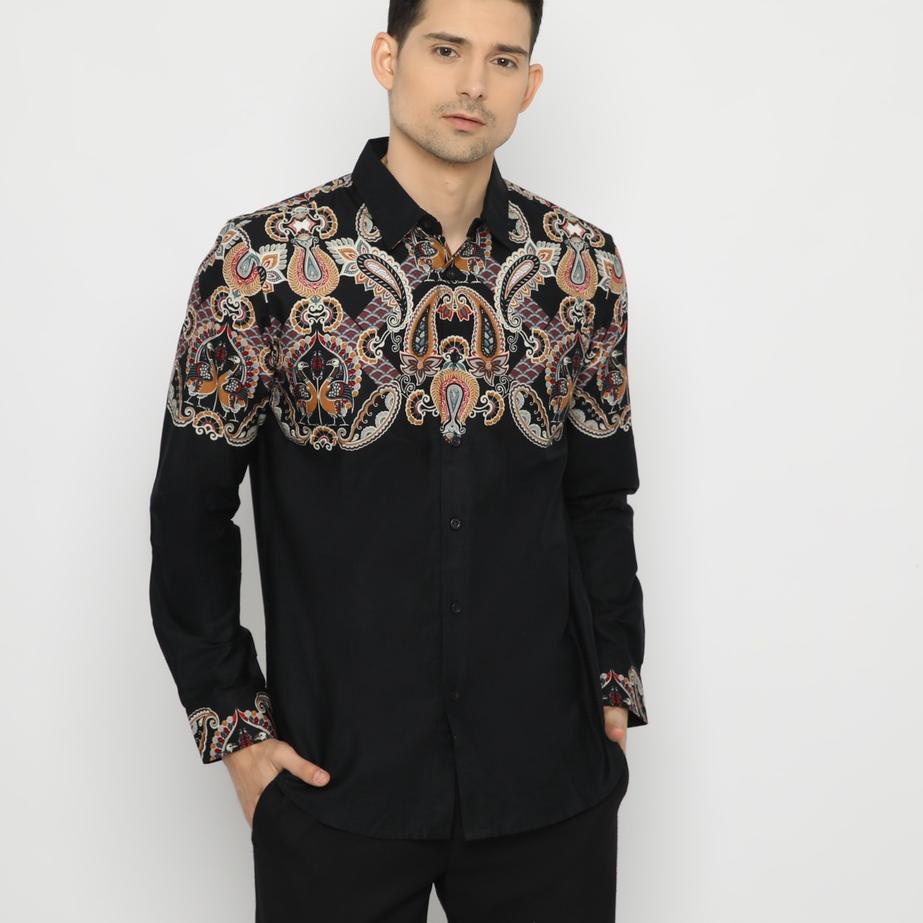 ➭ Platini Kemeja Batik Pria Lengan Panjang Katun Hitam  ✥