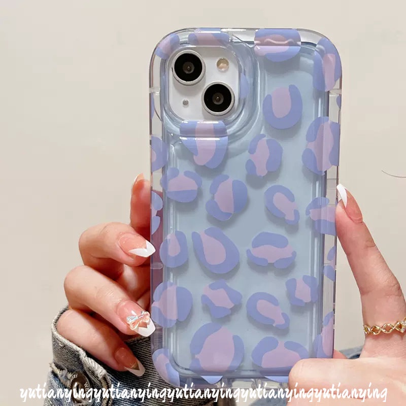 IPHONE Casing Ponsel Kompatibel Untuk Iphone11 14 13 12 Pro MAX XR 7plus 8plus 6 6S 7 8 Plus X XS MAX Ins Fashion Ungu Leopard Print Airbag Shockproof Transparan Lembut TPU Cover