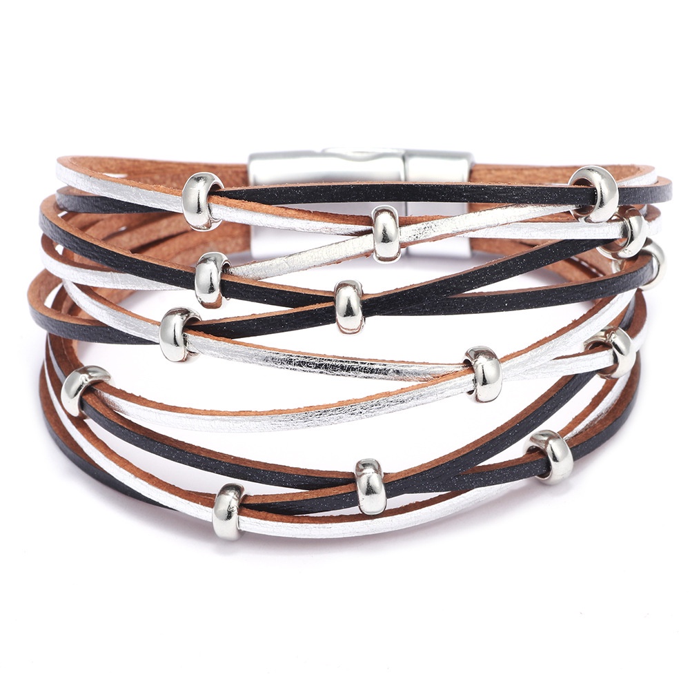 Gelang Multilayer Bahan Kulit Dengan Manik-Manik Magnetik Gaya Eropa Amerika Untuk Wanita