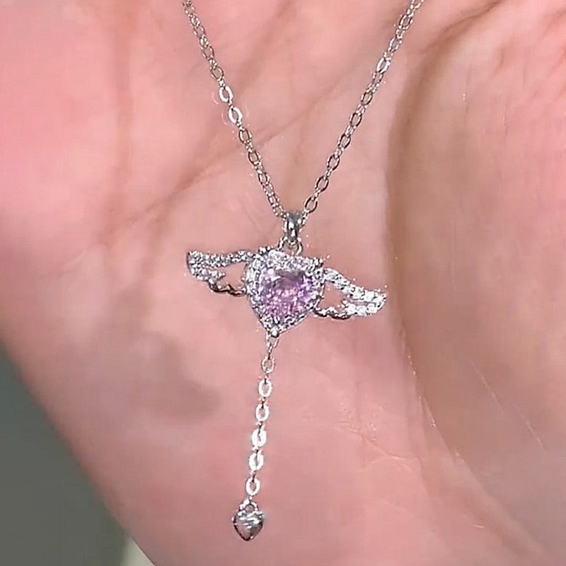 AY(CN) Elegant Pink Zircon Heart Pendant Necklace for Women Moving Wings Silver Chain Choker Jewelry Accessories