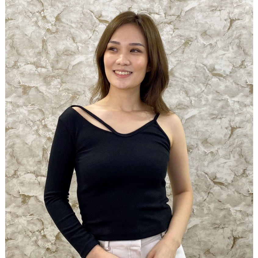 CAVALU Korean Knit Crop Top Lengan Panjang One Shoulder Top 192