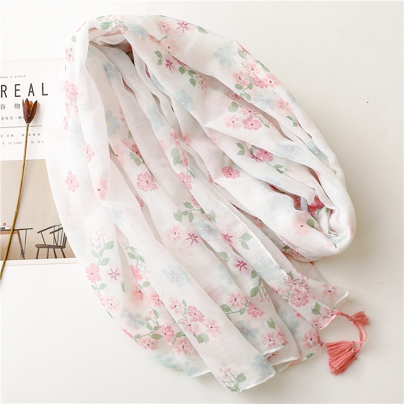 ITSFRIDAY LYLIA Scarf - Premium Pashmina Shawl Selendang Syal Pasmina Hijab Import Motif Flower Pink White Tassel