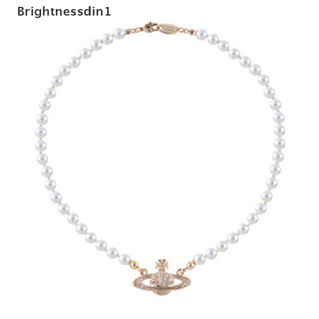 [Brightnessdin1] 1 Pc Gold Silver Saturn Pearl Necklace Pearl Beaded Kristal Berlian Imitasi Kalung Butik