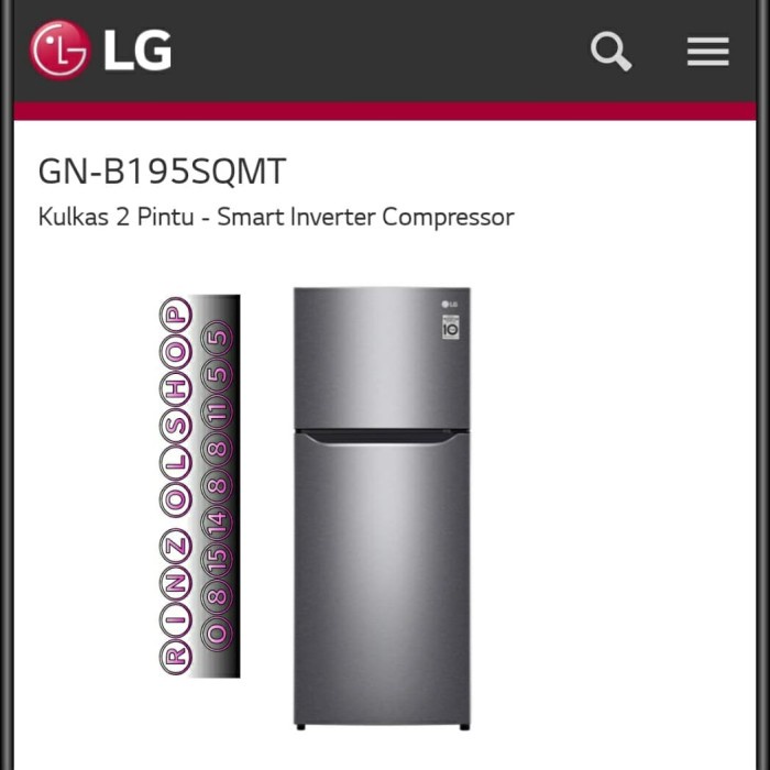 Kulkas LG GN-B195SQMT 2 Pintu Top Freezer dengan Smart Inverter Compressor