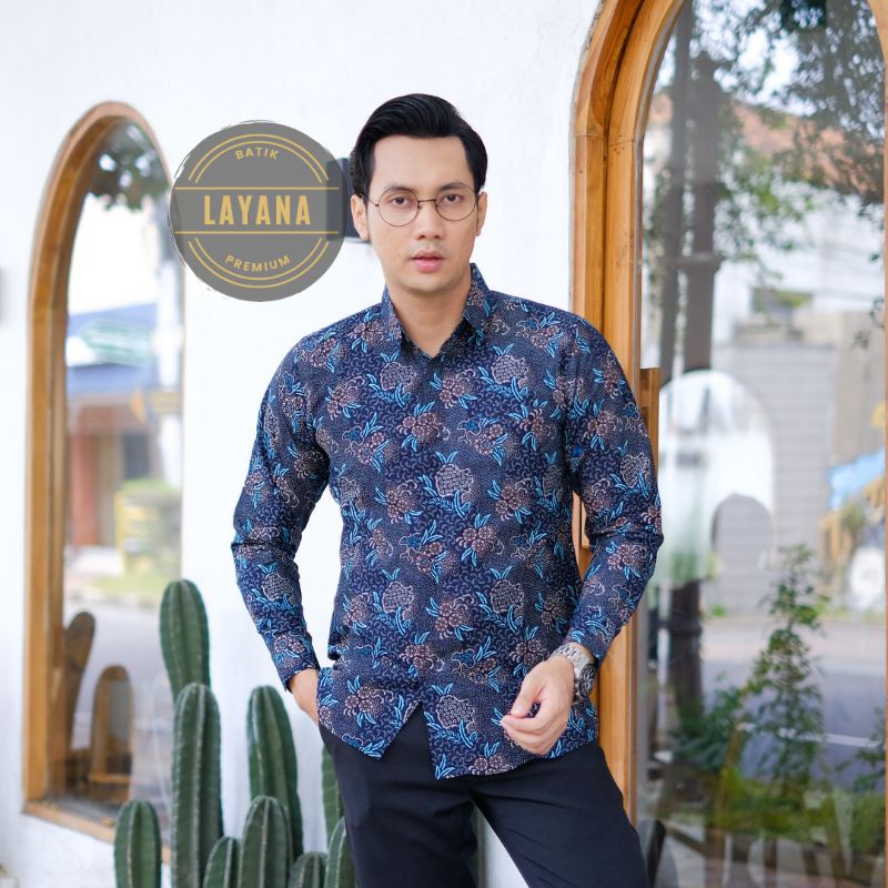 Kemeja Batik Kembang Biru Slimfit Premium Baju Formal Nonformal