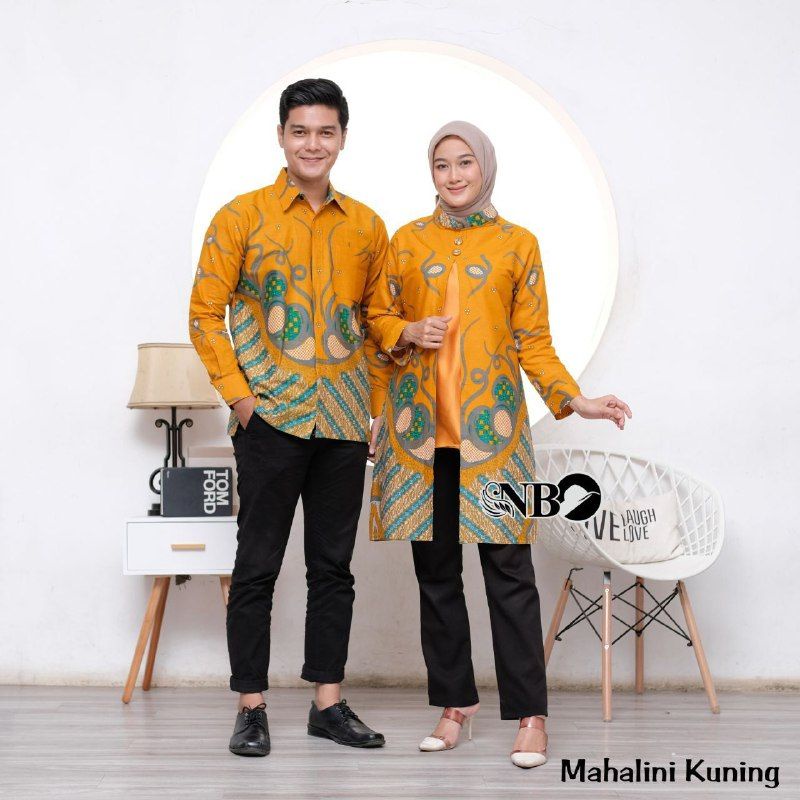 Couple Batik Mahalini Kuning Tunik Batik Modern Kombinasi Bolero Kemeja Batik Modern