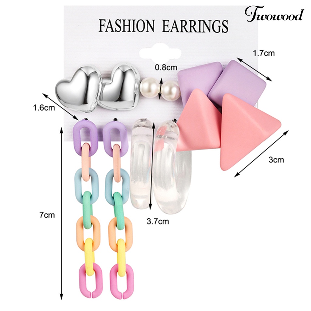 Twowood 4/6pasang Anting Pejantan Geometris Tahan Luntur Permukaan Halus Manis Akrilik Kreatif Hati Permen Warna Menjuntai Anting-Anting Perhiasan Aksesoris