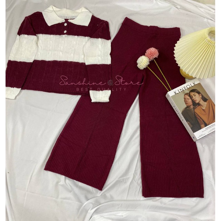 One Set Setelan Wanita Rok Dan Kulot Cardigan Sweater Rajut Warna Maroon