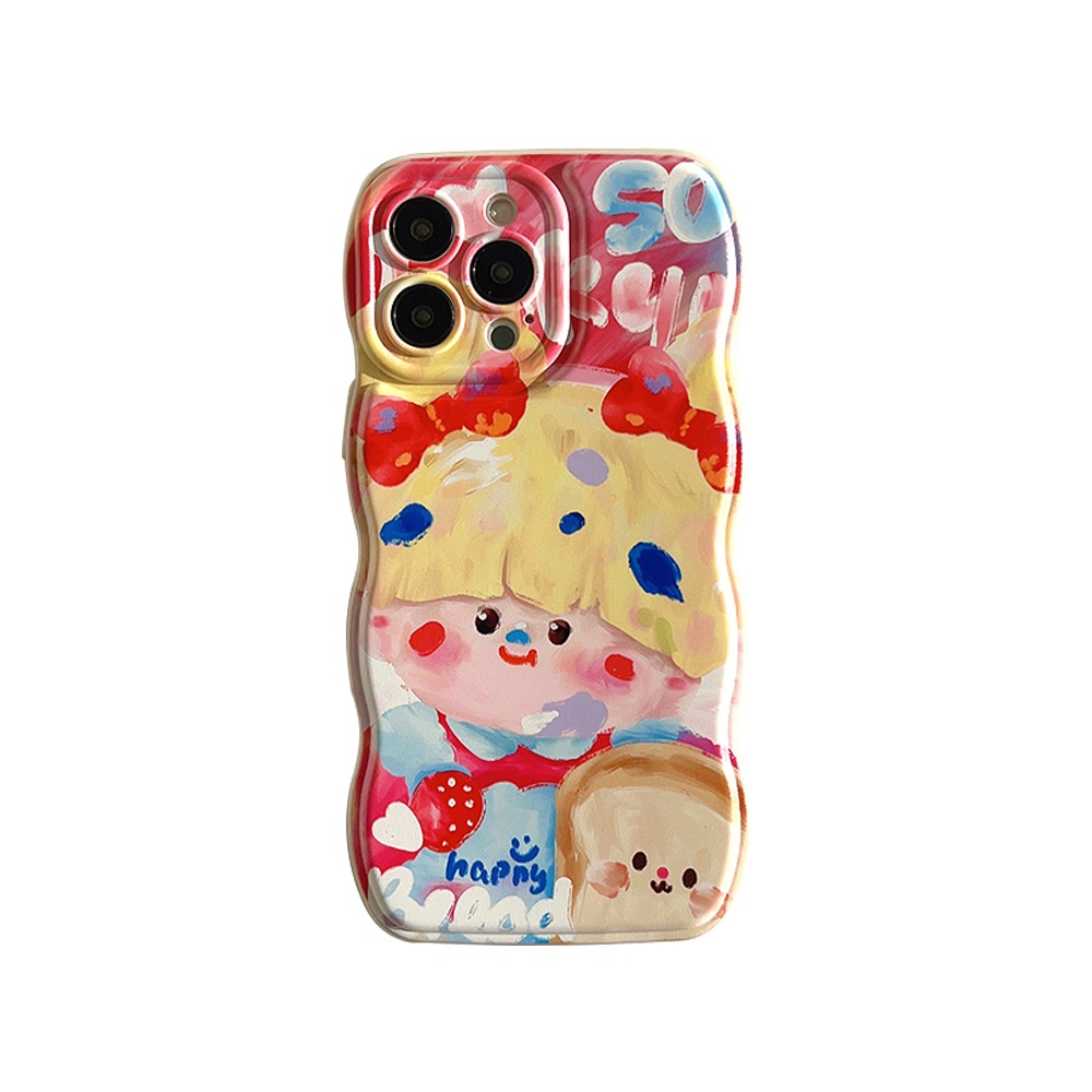 IPHONE Ins Gadis Lucu Lukisan Cat Minyak Kartun Soft Beige Case Untuk Iphone14 11 12 13 PRO MAX Casing Cover Pelindung AT0019