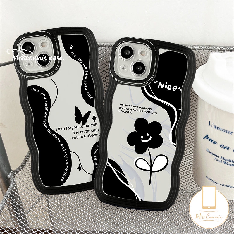 Casing OPPO A17 A15 A78 A16 A55 A54 A96 A95 A5 A9 A16s A74 A52 A5s A7 A12 A57 A77 A17K A3s A77s A76 A1k A53 A16K Reno 8T 8Z 7 8 7Z 6hitam Retro Bunga Kupu Tepi Bergelombang Sarung