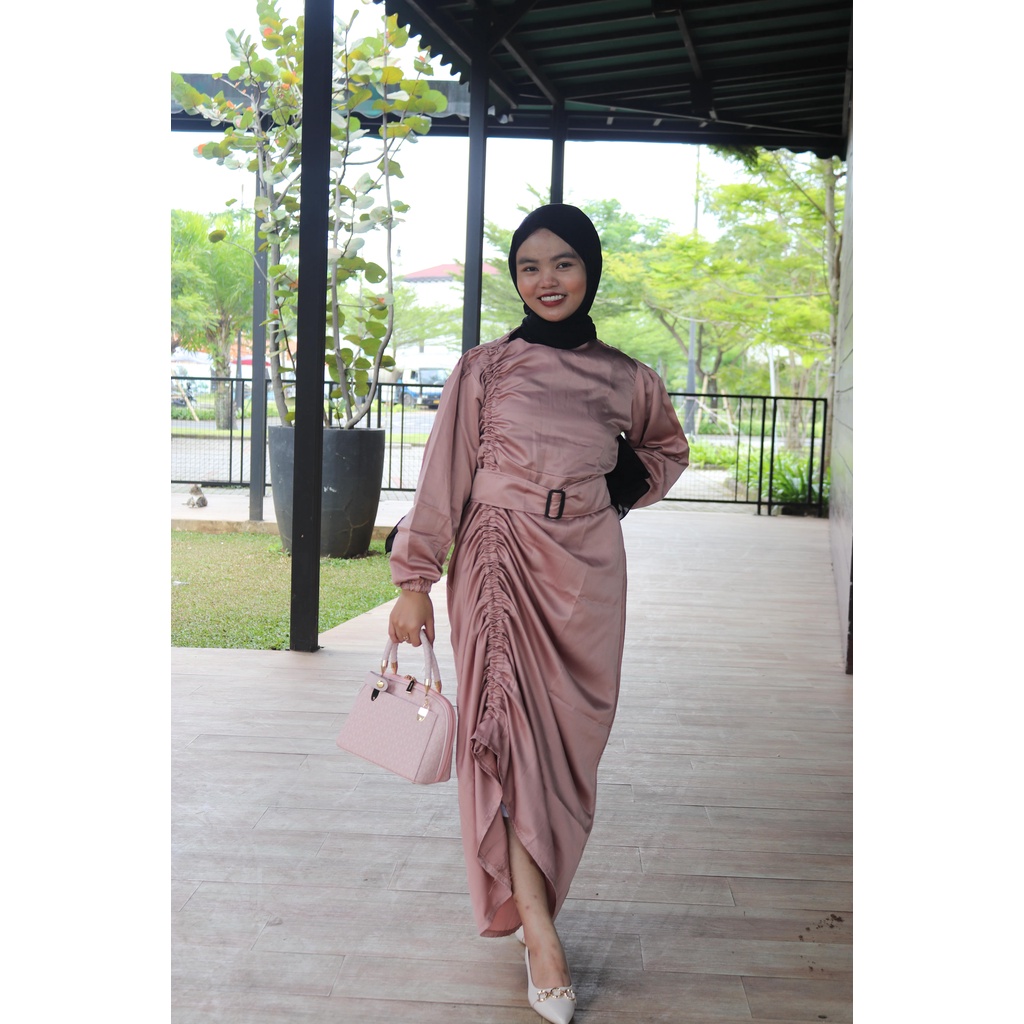 Baju Dress Kondangan Wanita Dewasa Alzena Dress Free Belt  Bahan Satin Premium LD 100Cm Fit To L / Fashion Muslim  Model Gamis Serut Atas Sampai Bawah Kekinian