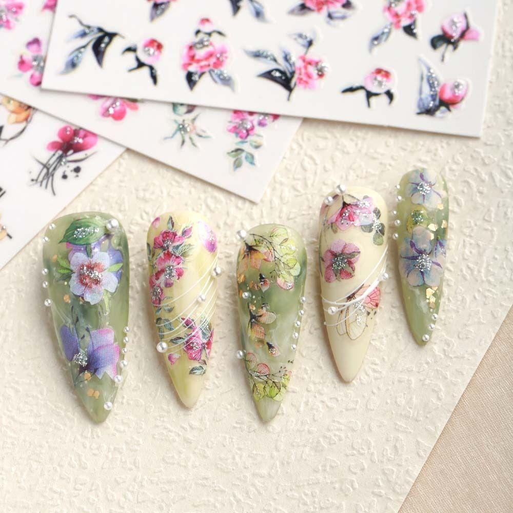 AUGUSTINA Agustina Bunga Stiker Kuku Fashion Ins Gaya Musim Semi Bunga DIY Nail Art Manicure Aksesoris Perekat Diri Nail Art Dekorasi