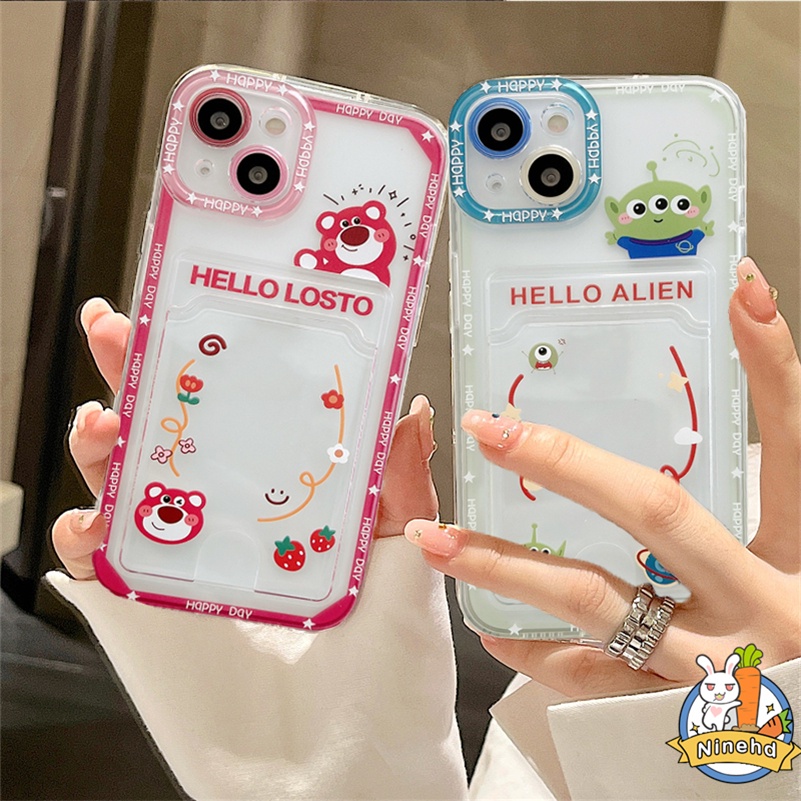 Case Tas Kartu Bening Kompatibel Untuk Iphone14 13 12 11 Pro Max X Xr Xs Max SE iPhone 8 7 6 6s Plus Strawberry Bear Kreatif Dompet Slot Card Holder Phone Case Anti Jatuh Soft Cover