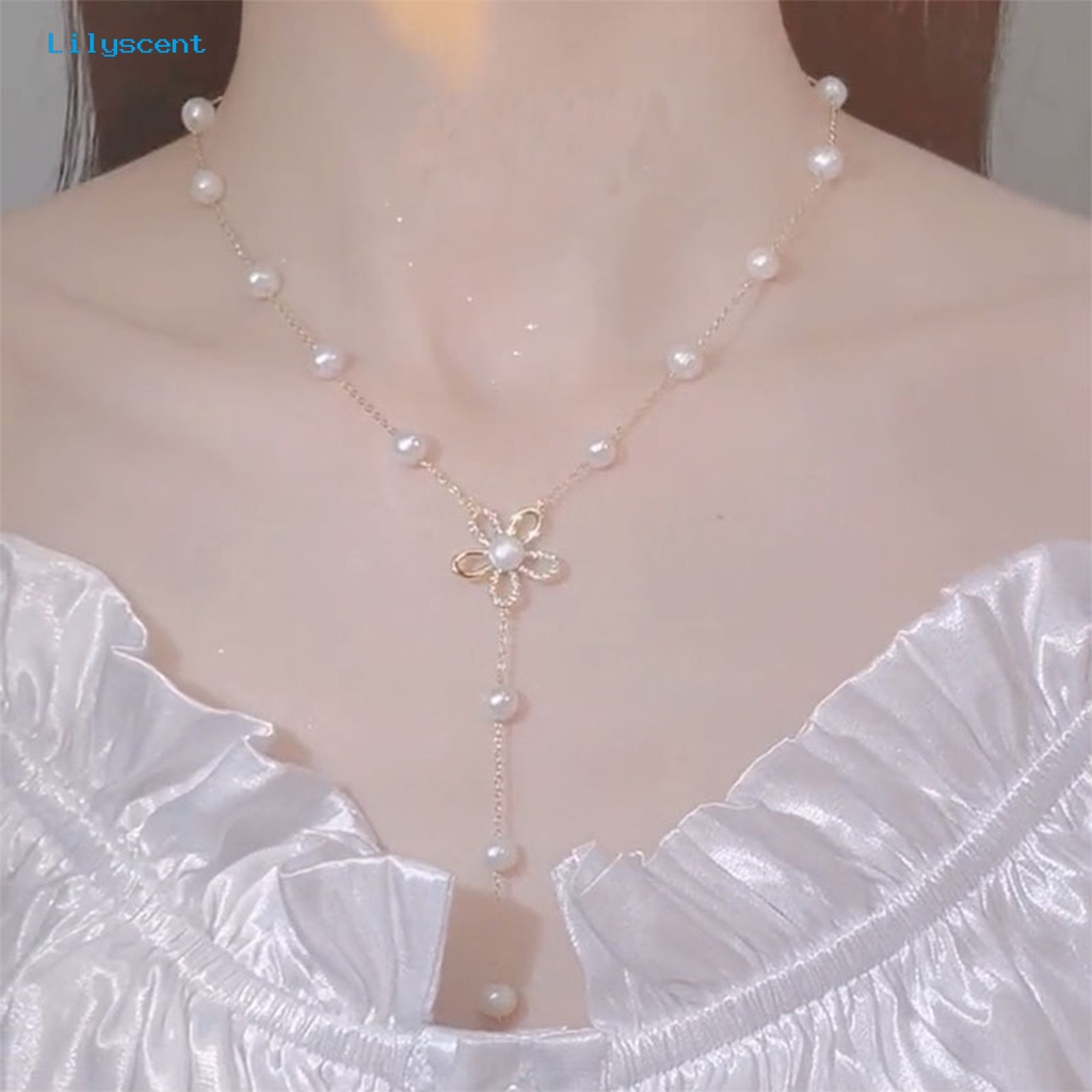 [LS] Wanita Kalung Berkilau Berlian Imitasi Bunga Dainty Elegan Manik-Manik Berkilau Mutiara Imitasi Klavikula Kalung Fashion Perhiasan