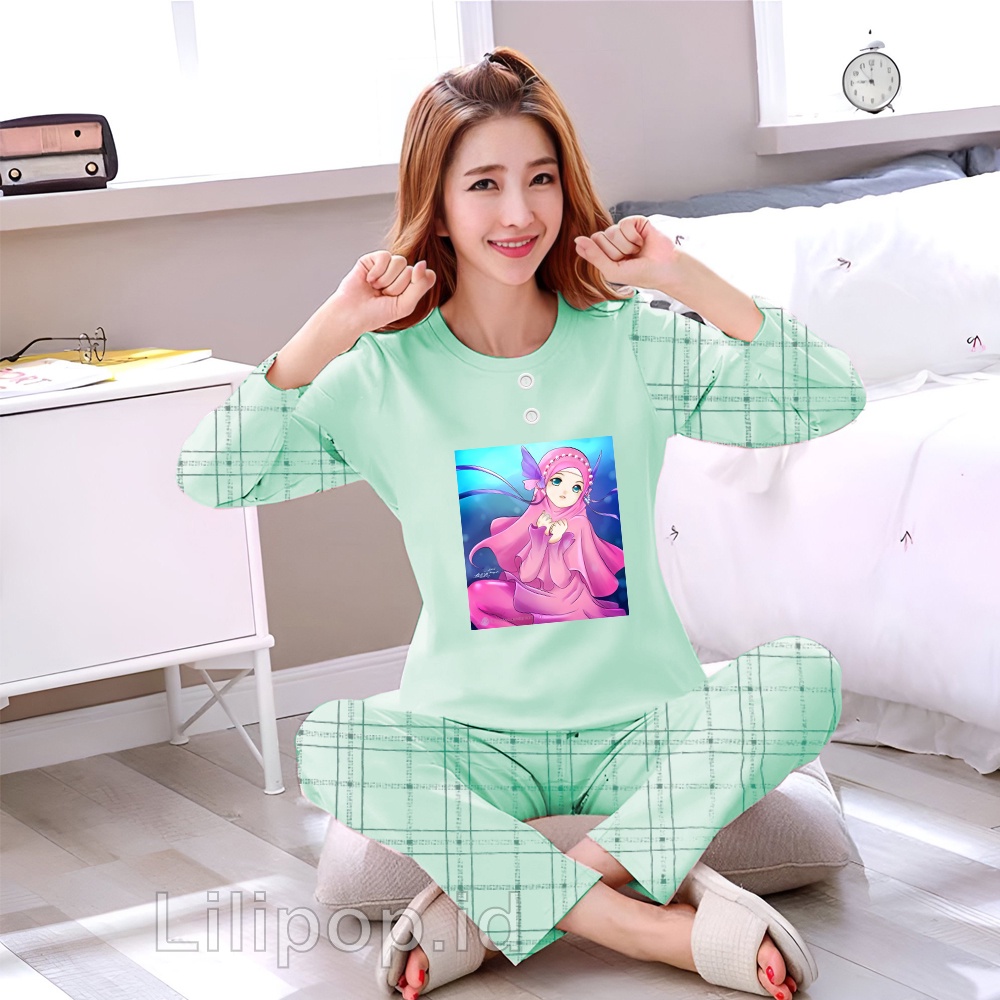 Lilipop.id  Baju Tidur Wanita mermaid hijabers Celana Panjang PP Allsize Lengan Panjang Baby Doll Bahan Kaos Dewasa