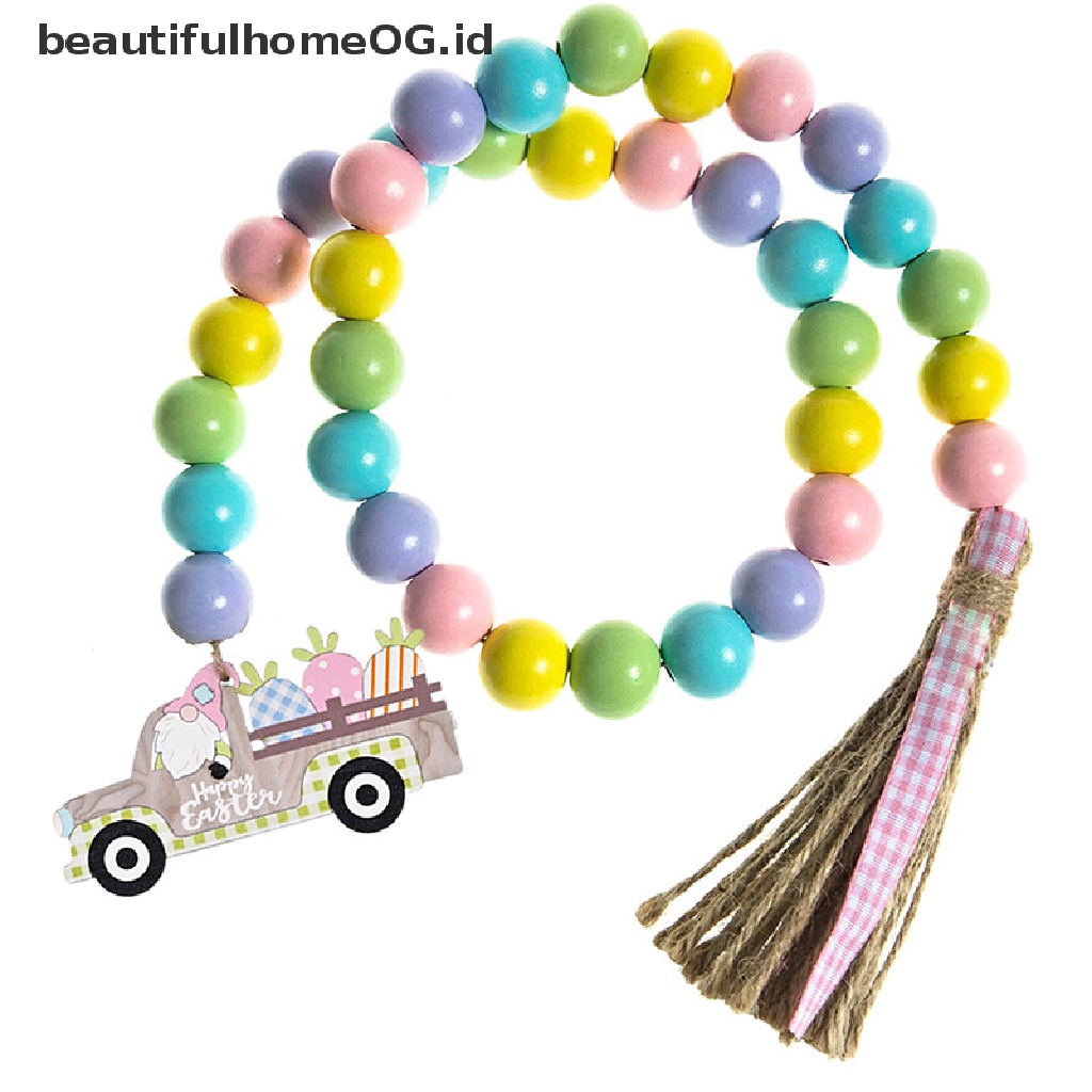 // Beautifulhomeog.id// 1Pcs Easter Wood Bead Garland Manik-Manik Warna Warni Dengan Tali Rami Kotak-Kotak Rumbai **