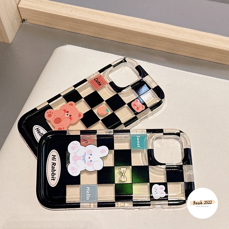 IPHONE Couple Soft Case Kompatibel Untuk Iphone14 13 12 11 Pro MAX 6 6S 7 8 Plus 7Plus 8Plus XR X XS MAX Beruang Lucu Kelinci Kotak-Kotak Kekasih Casing Shockproof Airbag TPU Phone Case