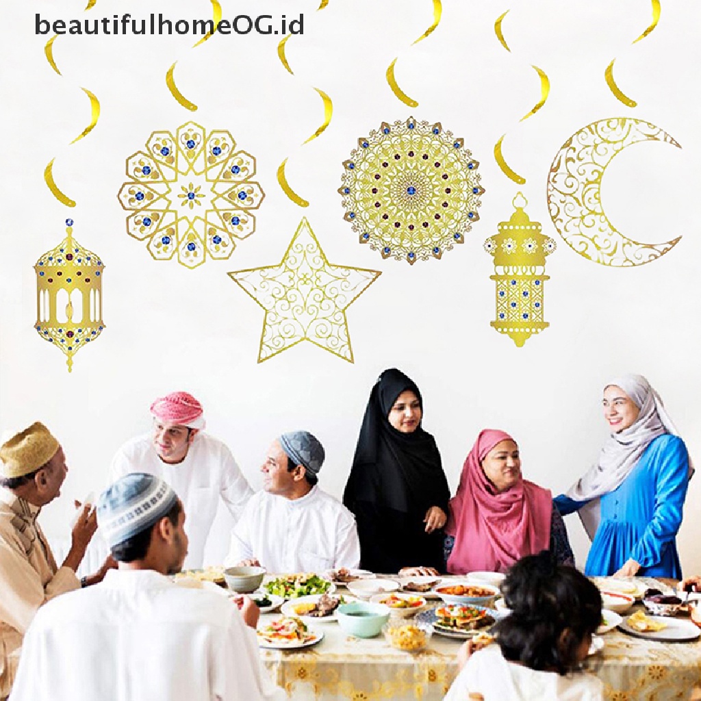 // Beautifulhomeog.id// Eid Mubarak Spiral Banner Muslim Islam Gold Swirl Liontin Lebaran Bung Mubarak **